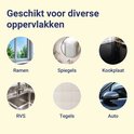 Overzicht van geschikte oppervlakken voor de doek: ramen, spiegels, kookplaat, RVS, tegels en auto.