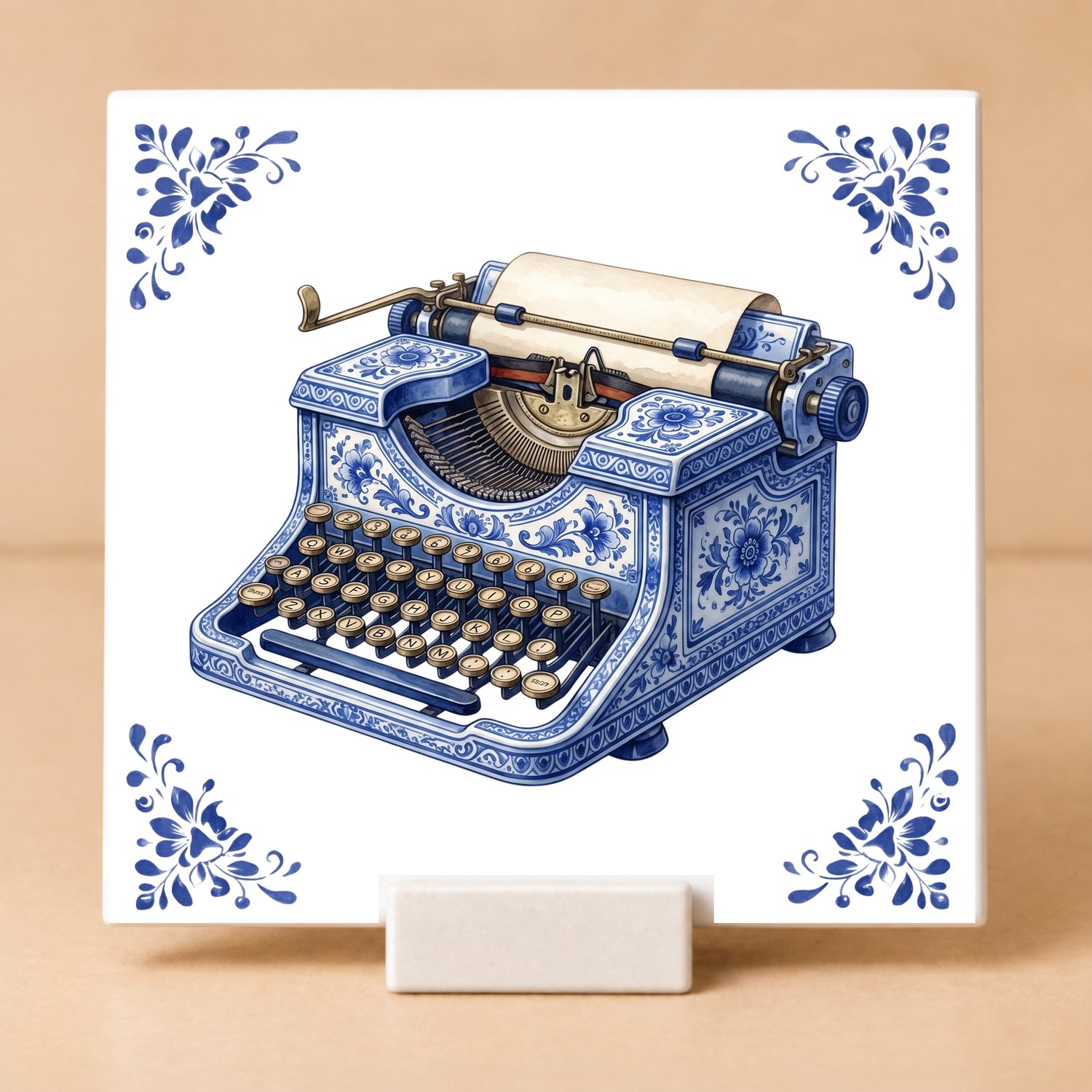 Bedruk King Delftsblauw Tegeltje 11x11 Schrijfmachine – Cadeau voor Schrijver of Taalfanaat Wit