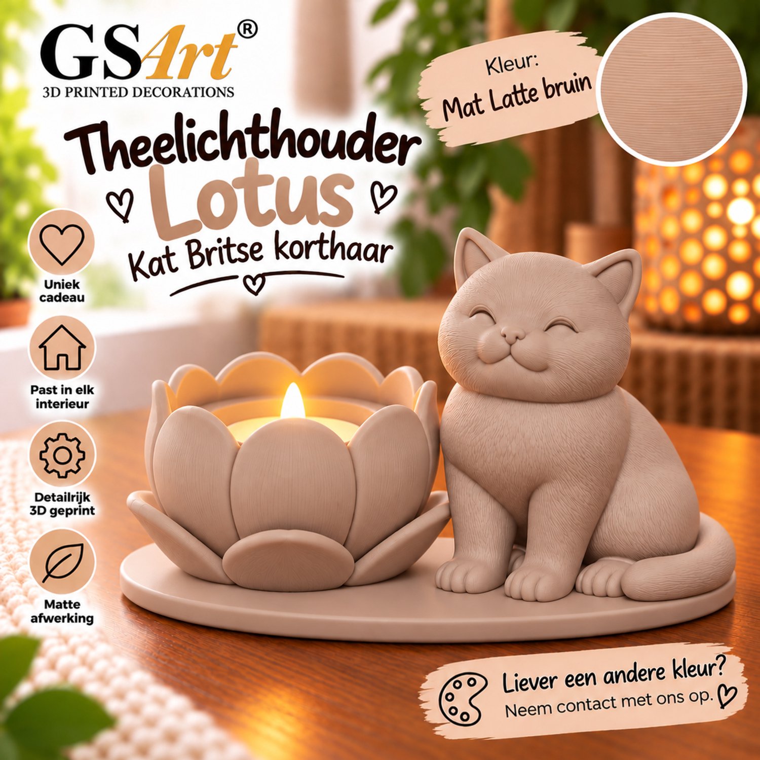 GSArt Theelichthouder Lotus Britse Korthaar Kat – LED – Mat Lattebruin