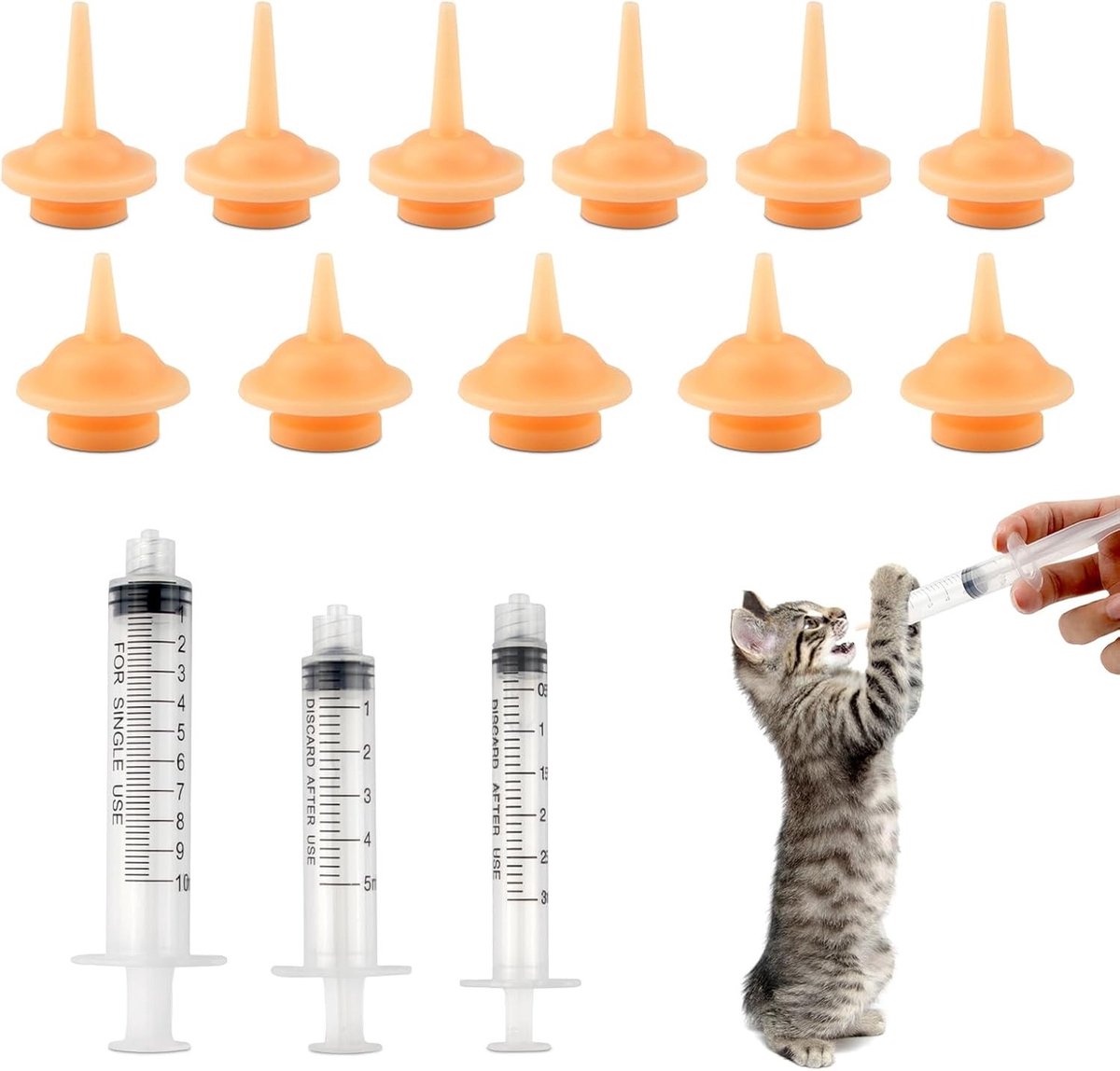 Kit voor het Voeden van Kittens en Puppies met 14 Stuks Spuiten, Herbruikbare Silikon Nippel en Voedingsspuiten voor Dieren, Ideaal voor Huisdieren en Dierenliefhebbers