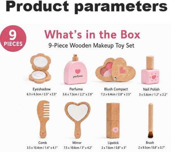 Houten Kinderschmink Set voor Meisjes – Complete Make-up Set met Tas – Rollenspel & Fantasie Speelgoed – Houten Speelgoed voor Meisjes van 3-7 Jaar – Cadeau voor Verjaardag en Kerstmis — afbeelding 2