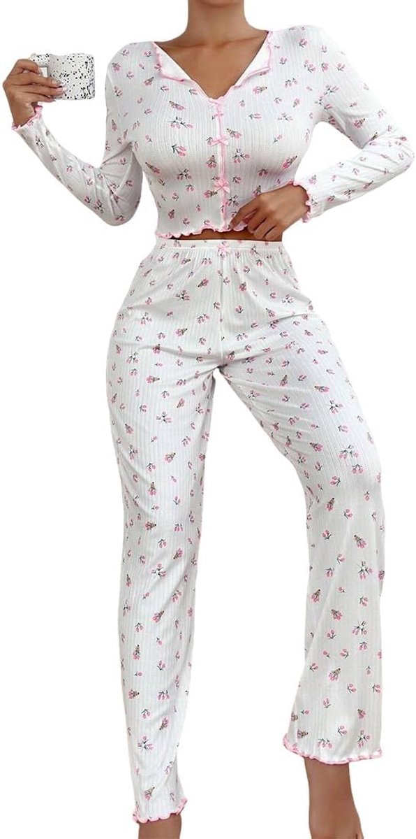 Winterpyjama voor dames van polyester, lange mouwen, 2-delige set voor dames, lange mouwen, voor de winter, bovendeel en broek, zachte nachtkleding