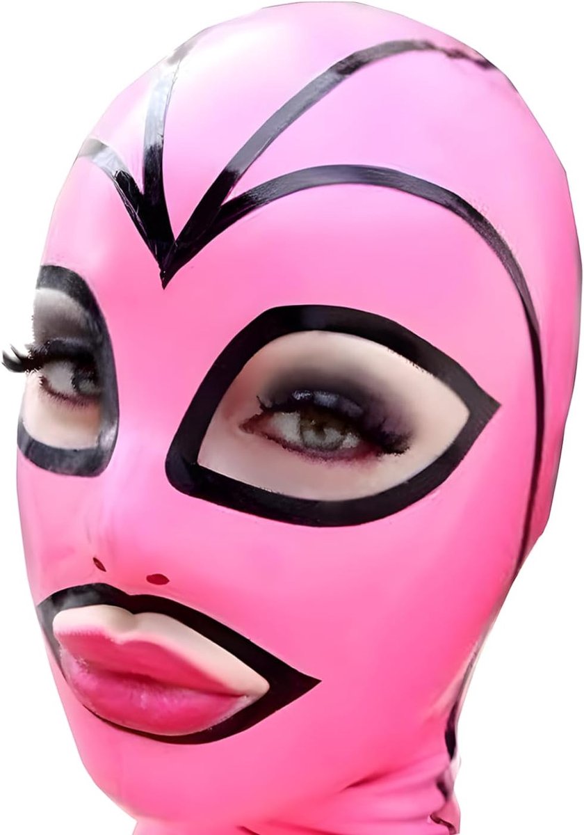 Masker voor Unisex,Latex Kap Roze met Gezichtsprint en Ritssluiting aan de Achterkant voor Feestkleding
