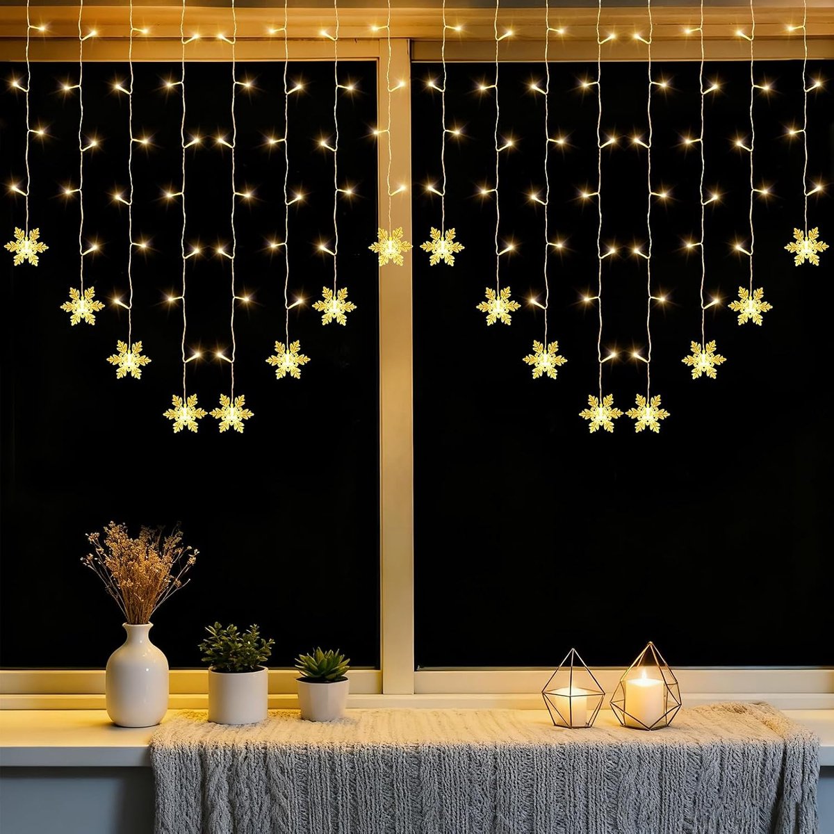 Lichtgordijn voor Kerstmis, 2 x 1 m, 104 leds, sneeuwvlok, USB-lichtketting, kerstverlichting voor achtergrondmuur, warm wit