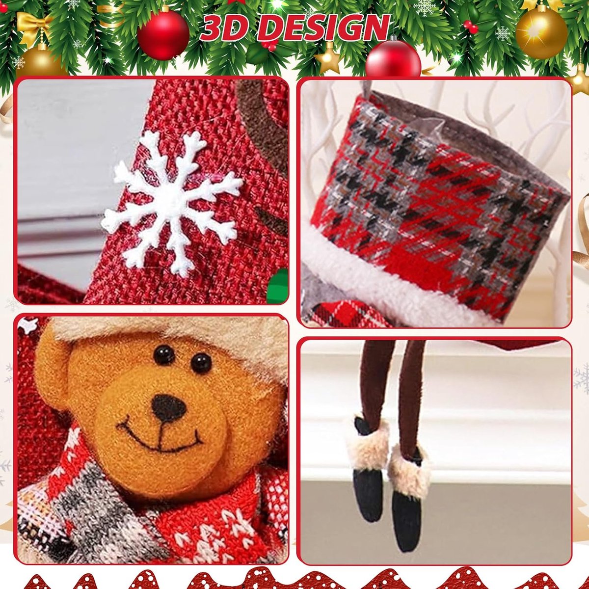 gepersonaliseerd, verpakking van 3 stuks, 34 x 18 cm, kerstsokken, decoratie om op te hangen en te vullen, kerstdecoratie
