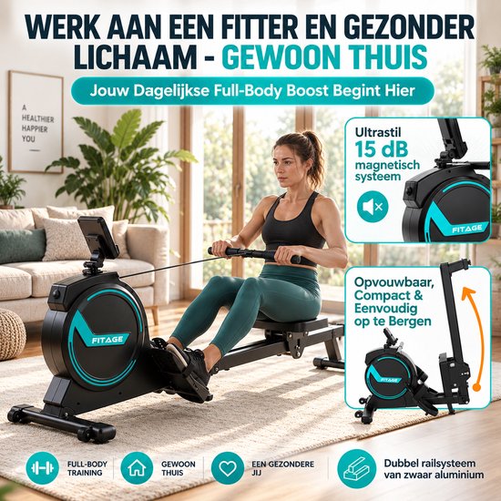 Vrouw op een zwarte en turquoise roeitrainer in een woonkamer, 'Ultrasil 15 dB magnetisch systeem' staat op een inzetstuk.