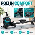 Zwarte en turquoise roeitrainer met 'Anti-slip handvatten' en 'Contoured Ergonomic Seat' op inzetstukken. Afmetingen 675mm, 535mm, 1690mm.