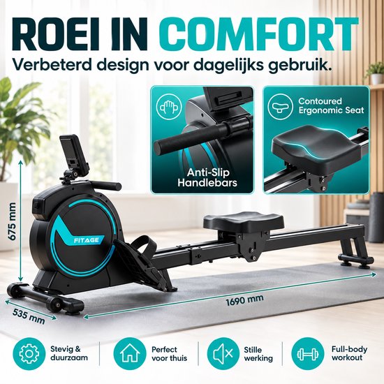 Zwarte en turquoise roeitrainer met 'Anti-slip handvatten' en 'Contoured Ergonomic Seat' op inzetstukken. Afmetingen 675mm, 535mm, 1690mm.