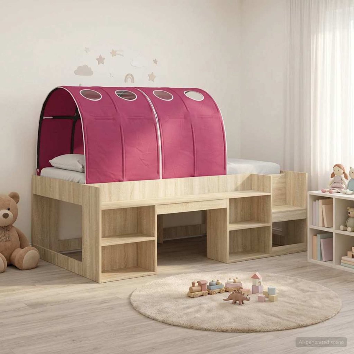 vidaXL Bed - met - Tunnel - met - plank - 3 - st - Sonoma - eiken - en - rood - Bewerkt - hout Sonoma eiken en rood