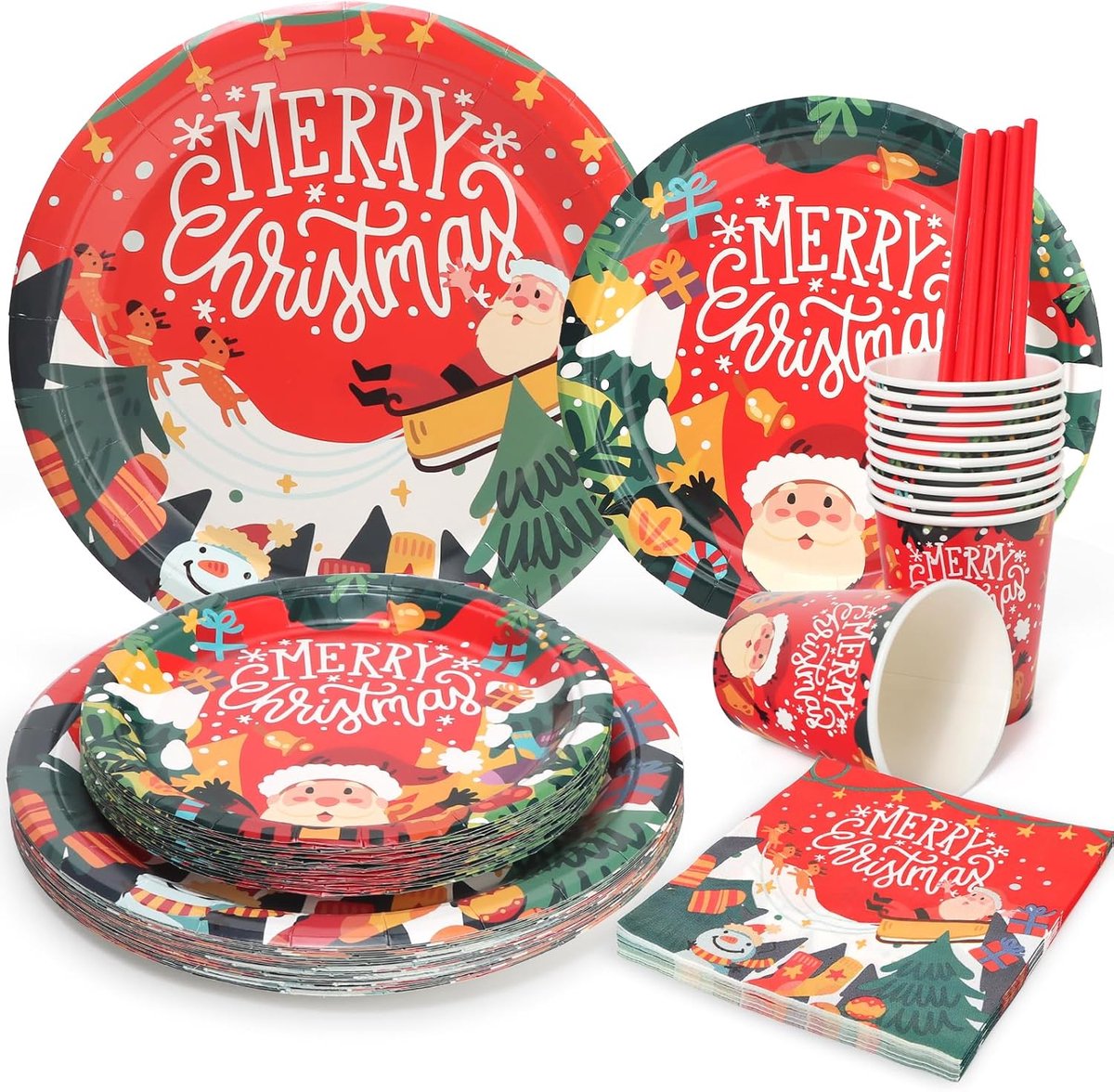 Borden, servetten en bekers, kerstrietjes, rood, feesttafeldecoratie met cartoon-kerstmanpatroon, voor 25 gasten, voor feest, verjaardag, decoratie voor