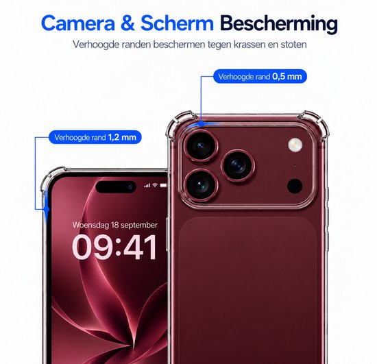 Transparant hoesje met verhoogde randen van 1,2 mm voor het scherm en 0,5 mm voor de camera.
