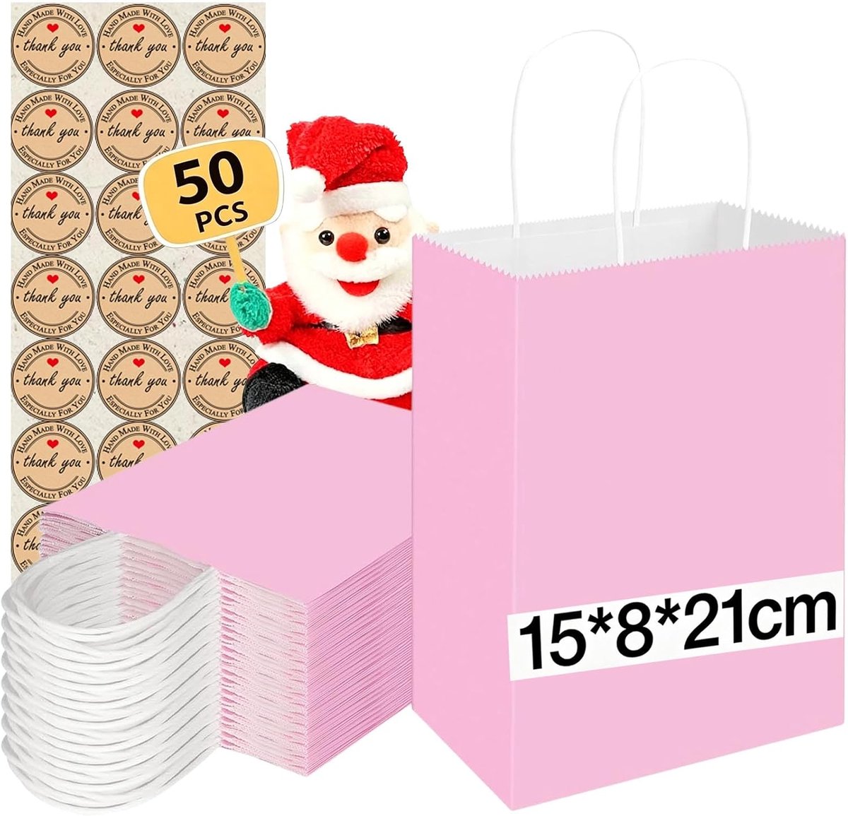 Geschenkzakjes met handvat, kleine papieren zakken met stickers, 130 g/m² kraftpapieren zakken, feestzakjes voor winkelen, bruiloften, verpakkingen, feesten, verjaardagen, Kerstmis, Halloween, 50
