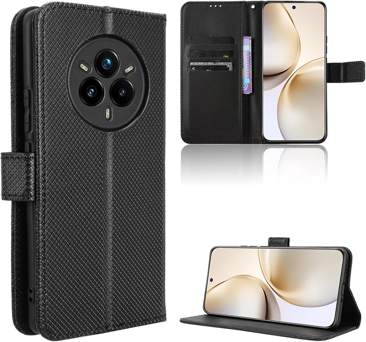 Beschermhoes voor Realme 14 Pro Plus 5G, beschermhoes, portefeuille, schokbestendig, premium vezel, kaartvakken en magneetsluiting, zwart