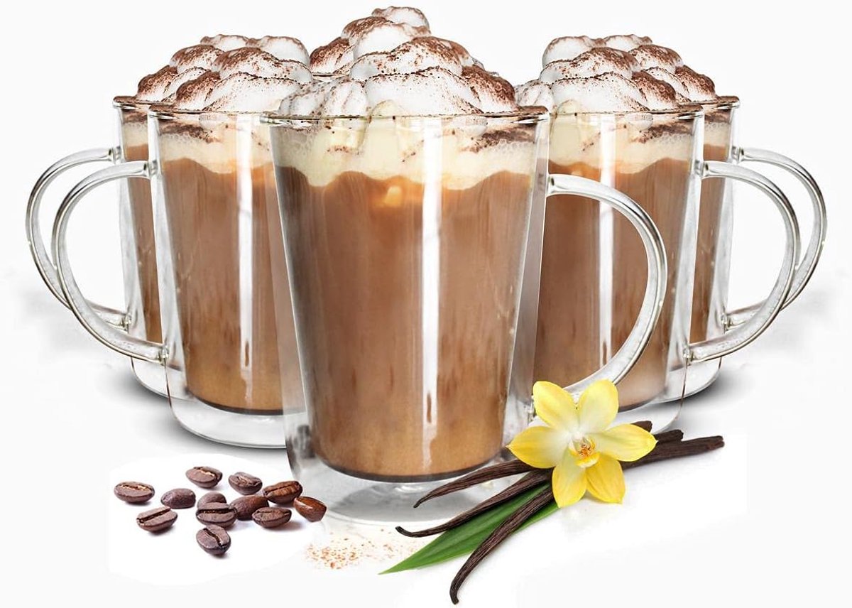4 dubbelwandige glazen met handvat, 360 ml, latte macchiato drinkglas, koffieglazen
