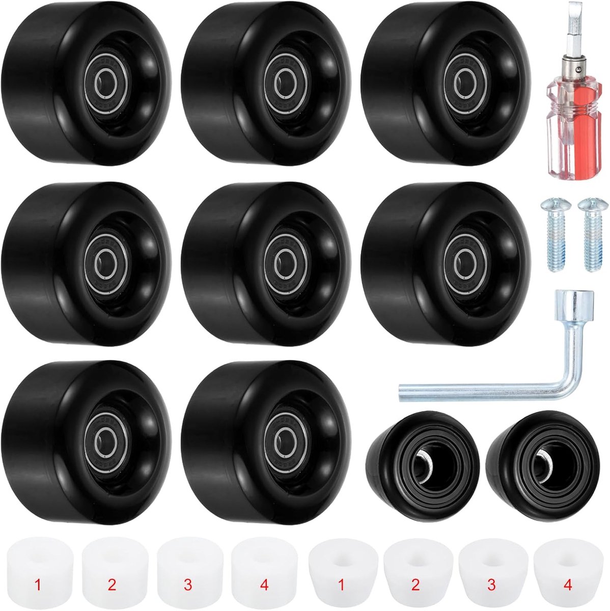 Wielen met duurzame lagers, 82A PU Quad Skate Wielen & 2 Teenstoppers voor Dubbele Rij Skate Skateboard Scooter Outdoor Binnen, Zwart