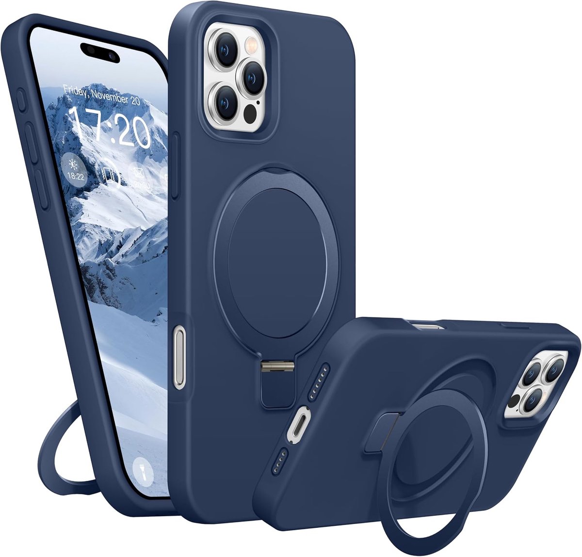 Siliconen Hoes voor iPhone 16 Pro Max, Magnetische Robuuste Standaard Ring, 4-Laags Schokbestendige Beschermhoes, Zachte Microvezel Voering Krasbestendig (Blauw)