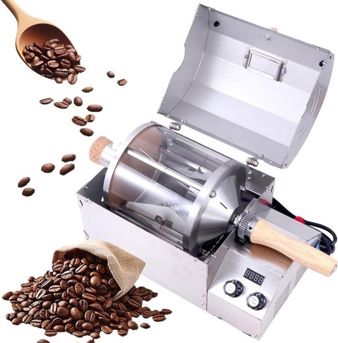 Elektrische Koffiebrander - Bonen Brander - Thuis Koffie Branden - Glazen Trommel - 400g Capaciteit - Zilver
