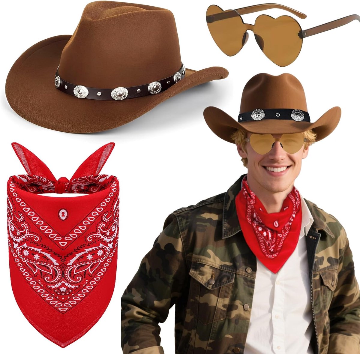 3 stuks cowboyhoed, accessoireset, western cowboy outfits, accessoirekit met bruine cowboyhoed, hartvormige zonnebril, paisley bandana's voor dames en heren, Halloween, maskerade, feestjes