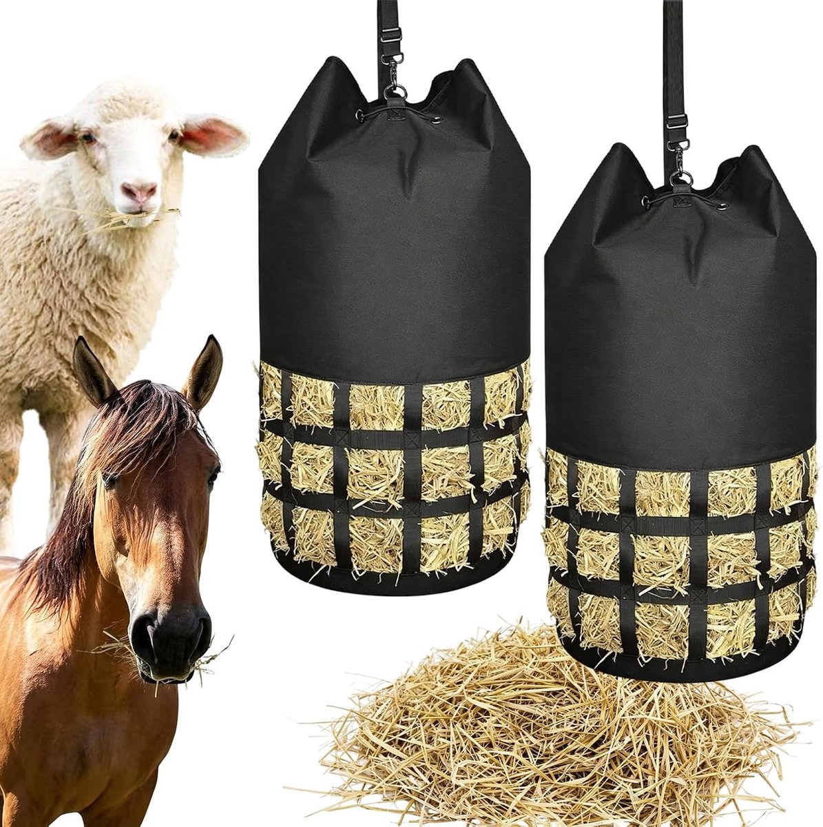 Set van 2 hooinetten voor paarden, diameter 6,5 cm, draagvermogen 10 kg, extra grote hooizakken, geschikt voor stal, weide, transport en diervriendelijke voeding