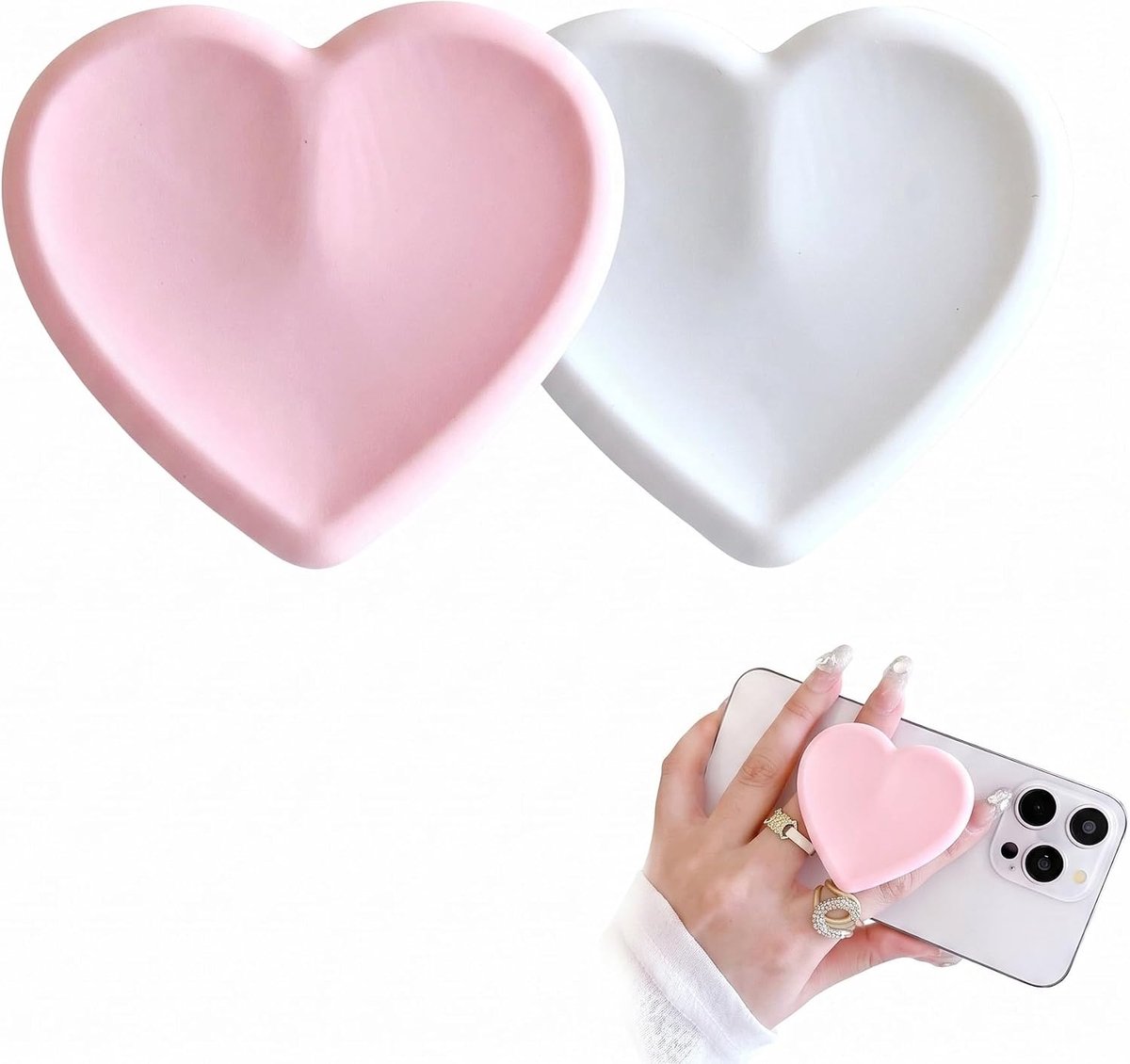 telefoonhouder, 2 uittrekbare hartstandaarden (roze, wit) voor een veilige grip en handsfree displaystandaard.