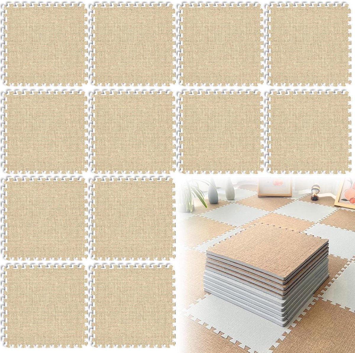12 stuks in elkaar grijpende linnen schuimrubberen matten, 30 x 30 cm, schuimrubberen puzzelmatten, 1 cm dik, wollig, woonkamer, slaapkamer, tapijttegels, vloertegels voor spel, lichtbruin
