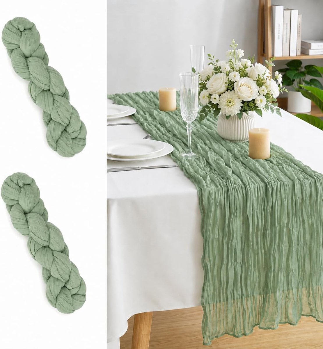 Tafellopers, salie, 3 m x 80 cm, decoratieve stof, kasdoek, tafelloper, 3 m, rustiek mousseline tafelkleed voor bruiloft, babyshower, verjaardag, vakantie, feest