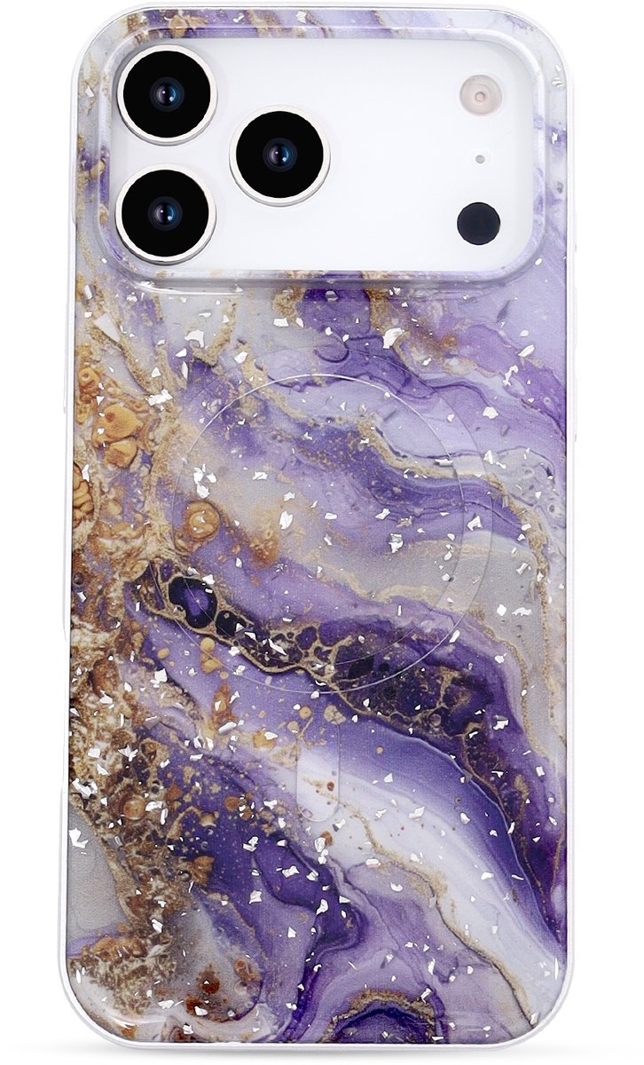 Casemania Hoesje Geschikt voor Apple iPhone 18 Pro Max - Paars - Marmer Glitter Magnetisch Back Cover - Geschikt voor MagSafe