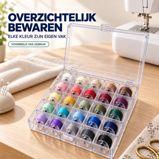 Transparante spoelendoos, gevuld met 25 gekleurde garenspoelen.