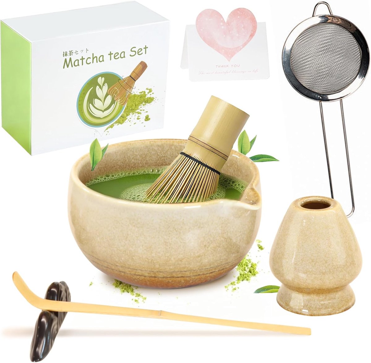 Set 7-delige Premium Matcha Tea Set met Matcha Kom met schenktuit en bamboe Chasen (100+ punten), houder, lepel, zeef, zakdoek, complete ceremoniële matcha starterset (Beige)