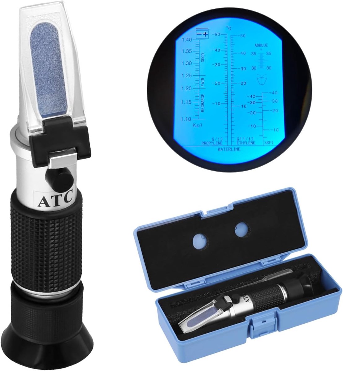 4-in-1 Antivries refractometer, ethyleenglycol en propyleenglycol koelvloeistoftester met accuzuurmeting, voor auto, industrie