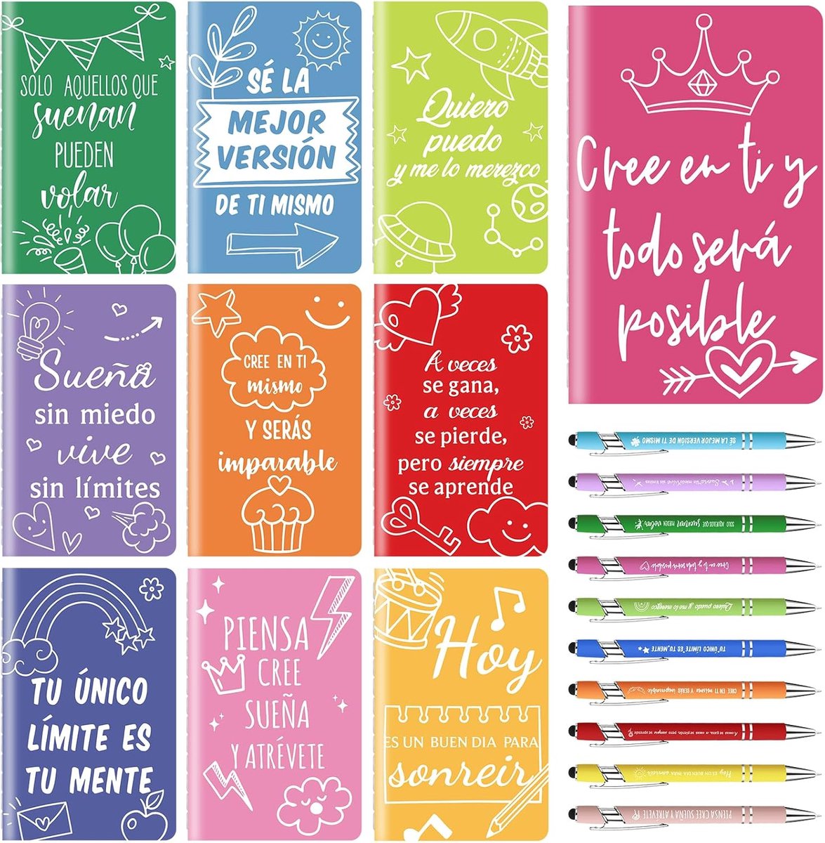 10 cadeausets met inspirerende spreuken, bestaande uit 10 motiverende kleine notitieboeken en 10 balpennen, zijn cadeaus voor collega's, medewerkers, klasgenoten, scholieren en familie