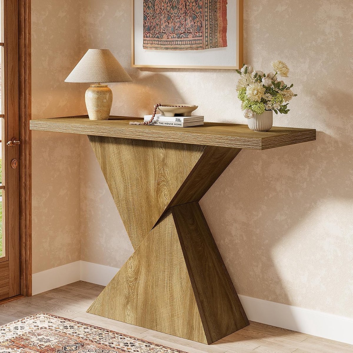 Consoletafel, entreetafel, 105 cm, smalle woonkamertafel voor achter de bank met geometrische voet, bijzettafel voor entree, hal, entree, bruin