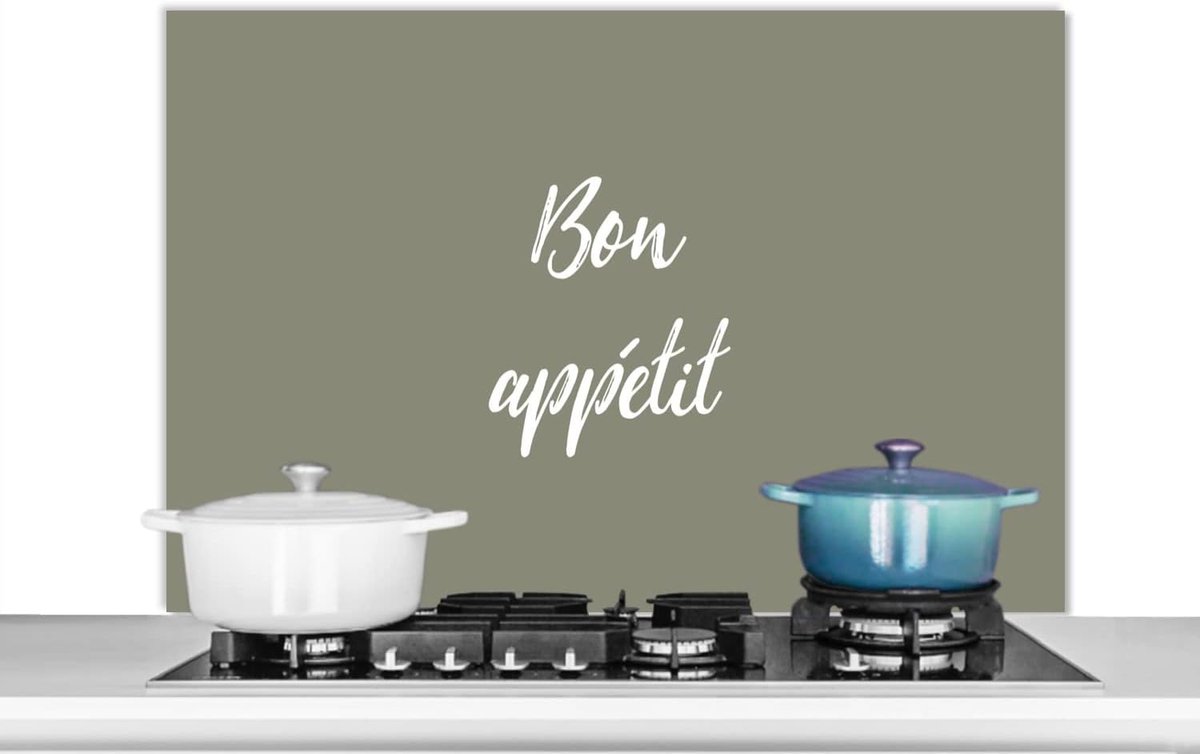Spatscherm Keuken - 100x65 cm - Quote - Bon appétit - Spreuken - Olijfgroen