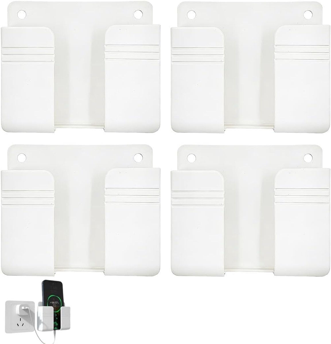 Wandhouder voor mobiele telefoon, 4 stuks, wit, universele telefoonhouder voor wandmontage, standaardformaat, van kunststof, voor woonkamer en slaapkamer