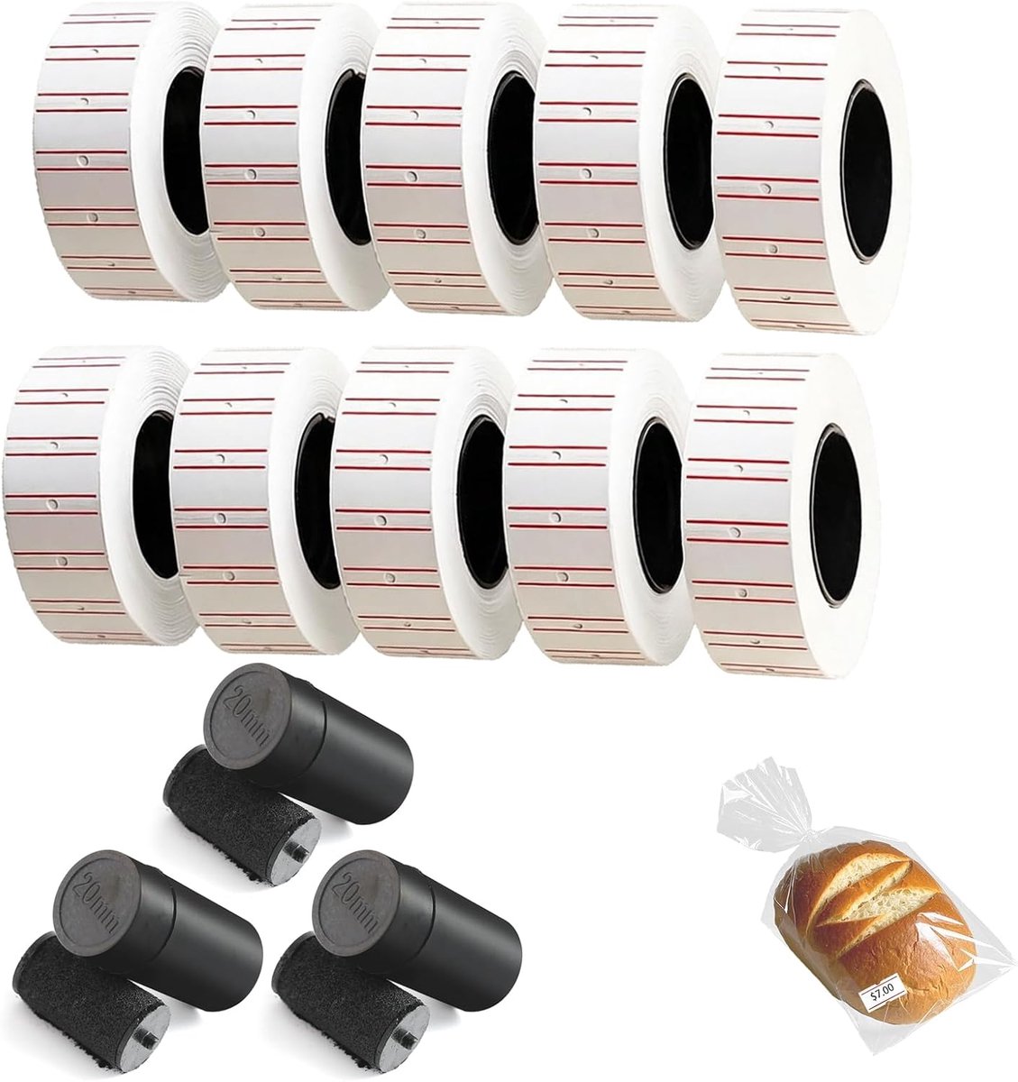 10 rollen met elk 5000 etiketten voor labelpistool, rode etiketten 21 x 12 mm met lijm, 3 inktrollen inbegrepen, voor prijzen en organisatie in de winkel of magazijn