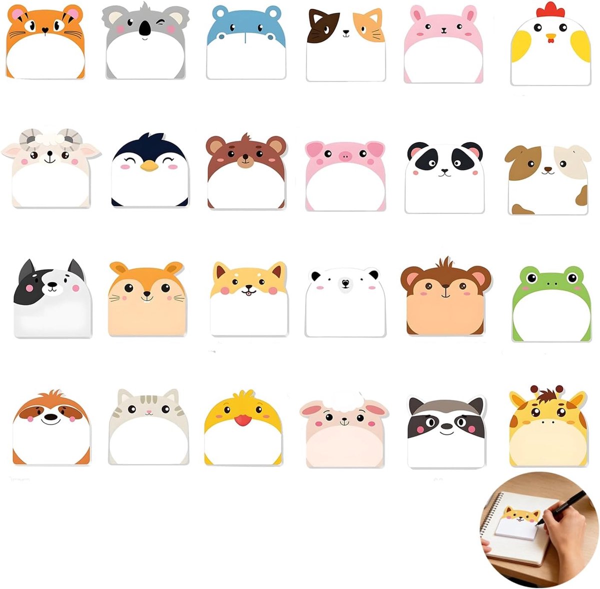 24 kleine schattige dieren plaknotitieblokjes, schattige dieren zelfklevende vellen, zelfklevende etiketten, kawaii briefpapier, plaknotities, zelfklevende notitievellen voor school, thuis en als cade