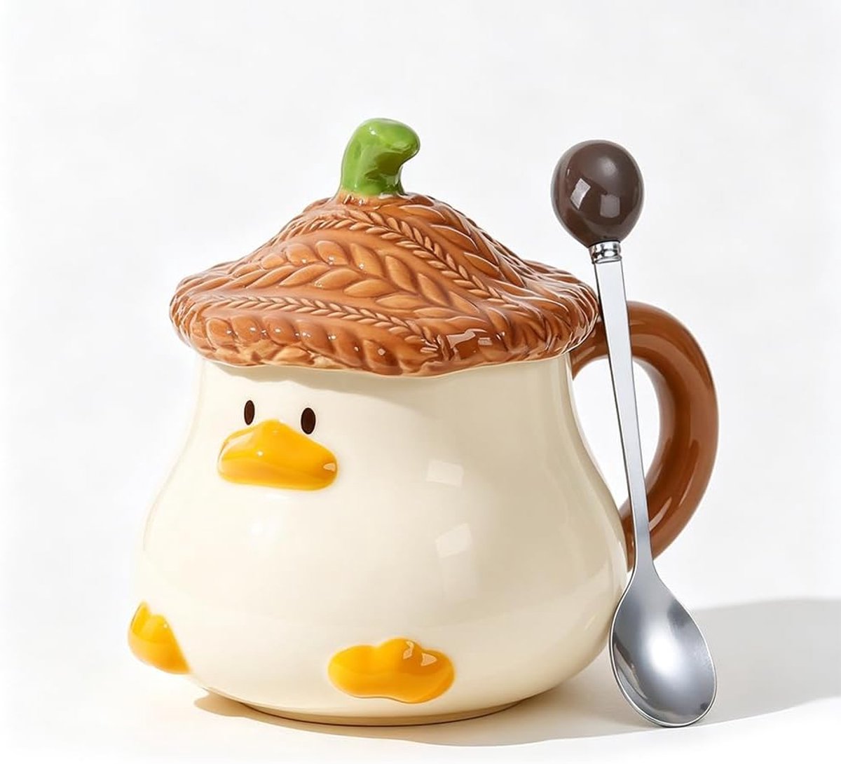 3D cartoon eend koffiemok met deksel en lepel, grappige dier theekop koffiemok cacaobeker, cadeau voor Valentijnsdag, verjaardag, Moederdag, Pasen, Kerstmis (bruin)