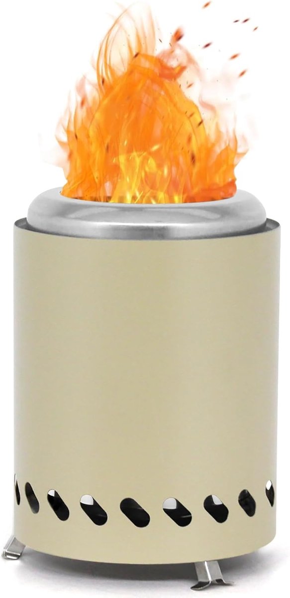 Tafelhaard met standaard, mini-haard van roestvrij staal, decoratie voor tuin, terras en balkon, voor pellets/hout, roestvrij staal, rookvrij campingtafelfornuis voor de buitenwijk, beige