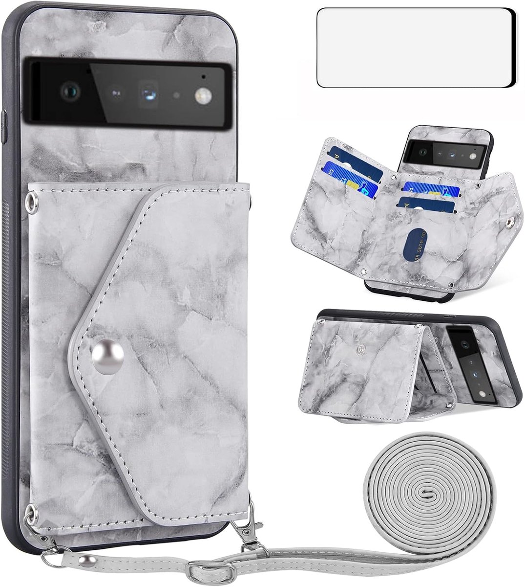 Hoes voor Google Pixel 6 Pro met Koord en Gehard Glas Screen Protector met Card Holder Stand Leather Wallet Hoesje Pixel6Pro Pixel6 XL 6Pro 6XL 5G Telefoonhoesje Phone Cover Case Marmer Grijs