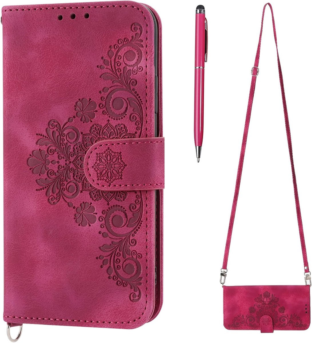 Telefoonhoesje met koord, compatibel met Samsung Galaxy A22 5G/A22S 5G/F42 5G, klaphoes van PU-leer, portemonneehoesje met kaartsleuf, beschermhoes, flip case, rood