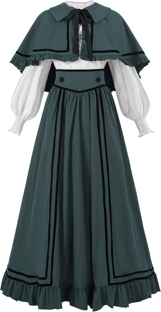Jurk voor dames, Victoriaanse jurk, 3-delig, jaren 1800 cape-kostuum uit de Amerikaanse burgeroorlog, retro-outfit met blouse, rok en cape