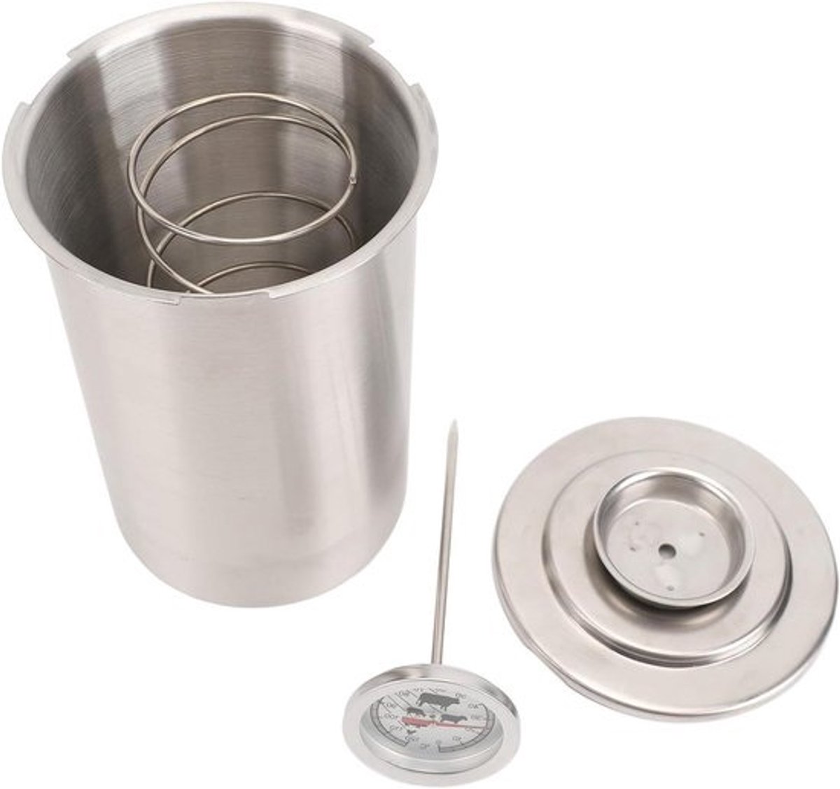 Vleesperskoker Roestvrij Staal - Gestoomde Emmer Vleespot - Mals Vlees Bereiden - Met Geïntegreerde Thermometer - 2.5 kg - Zilver