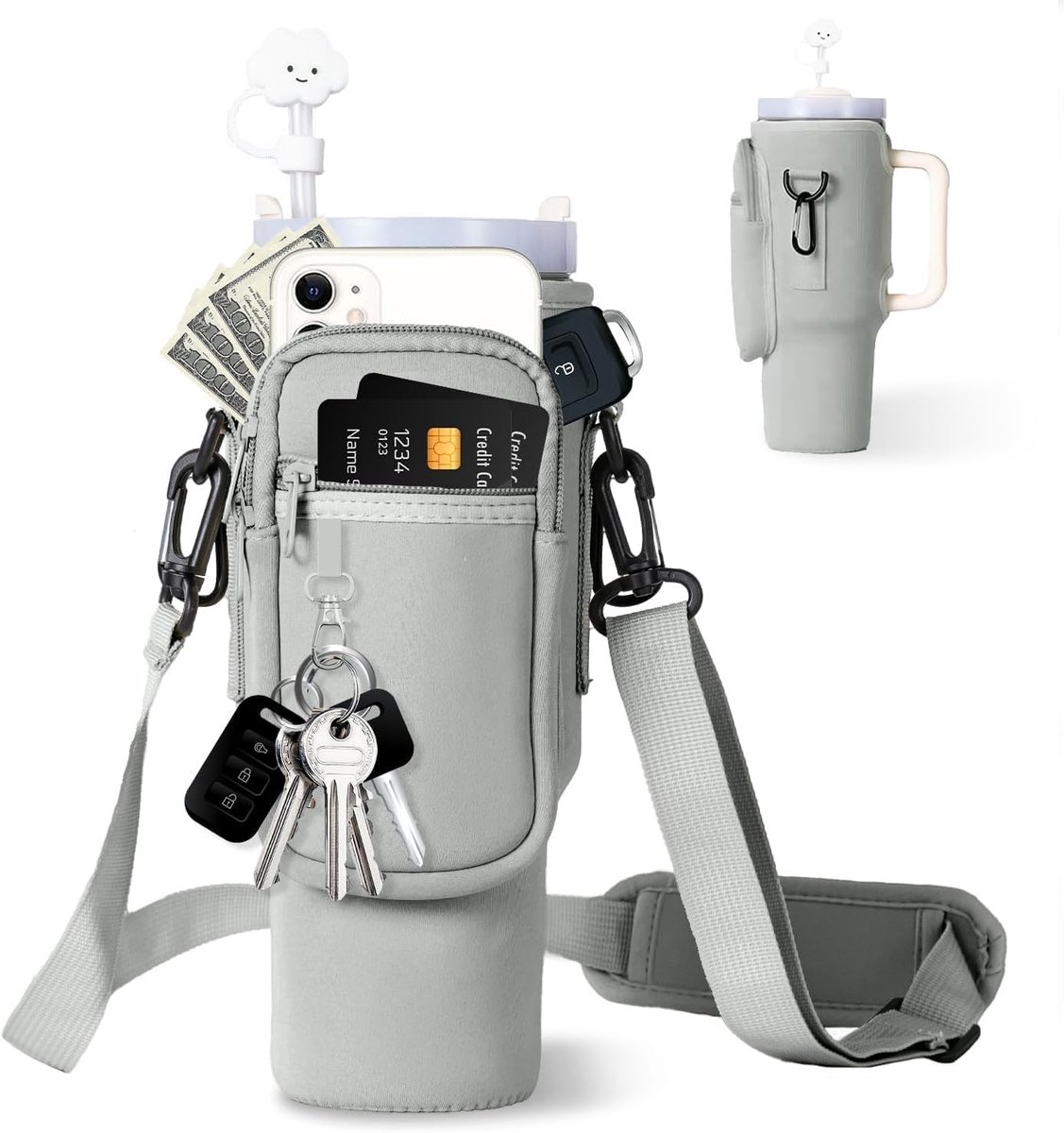 dabria Draagtas voor waterflessen met telefoonvak voor Stanley 40/30 oz Tumbler Neopreen Waterfleshouder Pouch met Verstelbare Riem Bollus met Rietjeshoes & Karabijnhaak voor Stanley Cup Accessoires