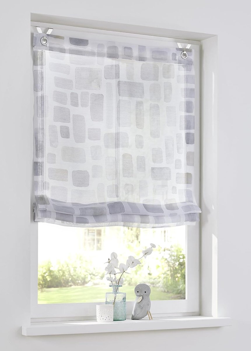 vouwgordijn wit met haakophanging, halftransparant, vouwgordijn met ogen, modern bedrukt, grijs-taupe, polyester, onderhoudsvriendelijk, 100 x 140 cm
