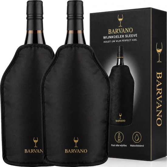 Set van twee zwarte Barvano wijnkoeler sleeves en de bijbehorende productverpakking.