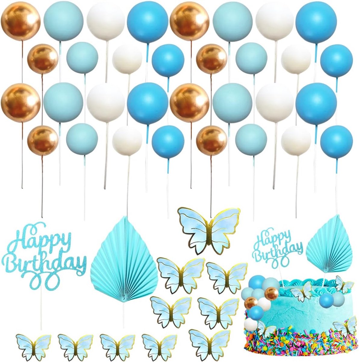 van 53 stuks taarttoppers, blauw en gouden mini-ballonnen, taarttoppers met palm, vlinder en Happy Birthday, taartinzetstuk, taartdecoratie voor verjaardag, bruiloft