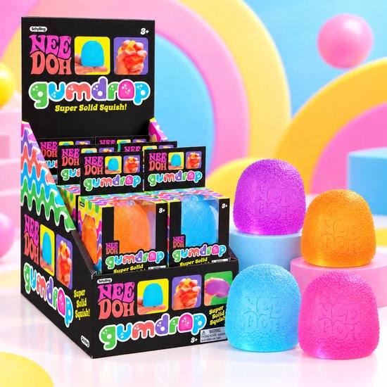 Display met Nee Doh Gumdrop squishies in verschillende kleuren zoals blauw, oranje en roze.