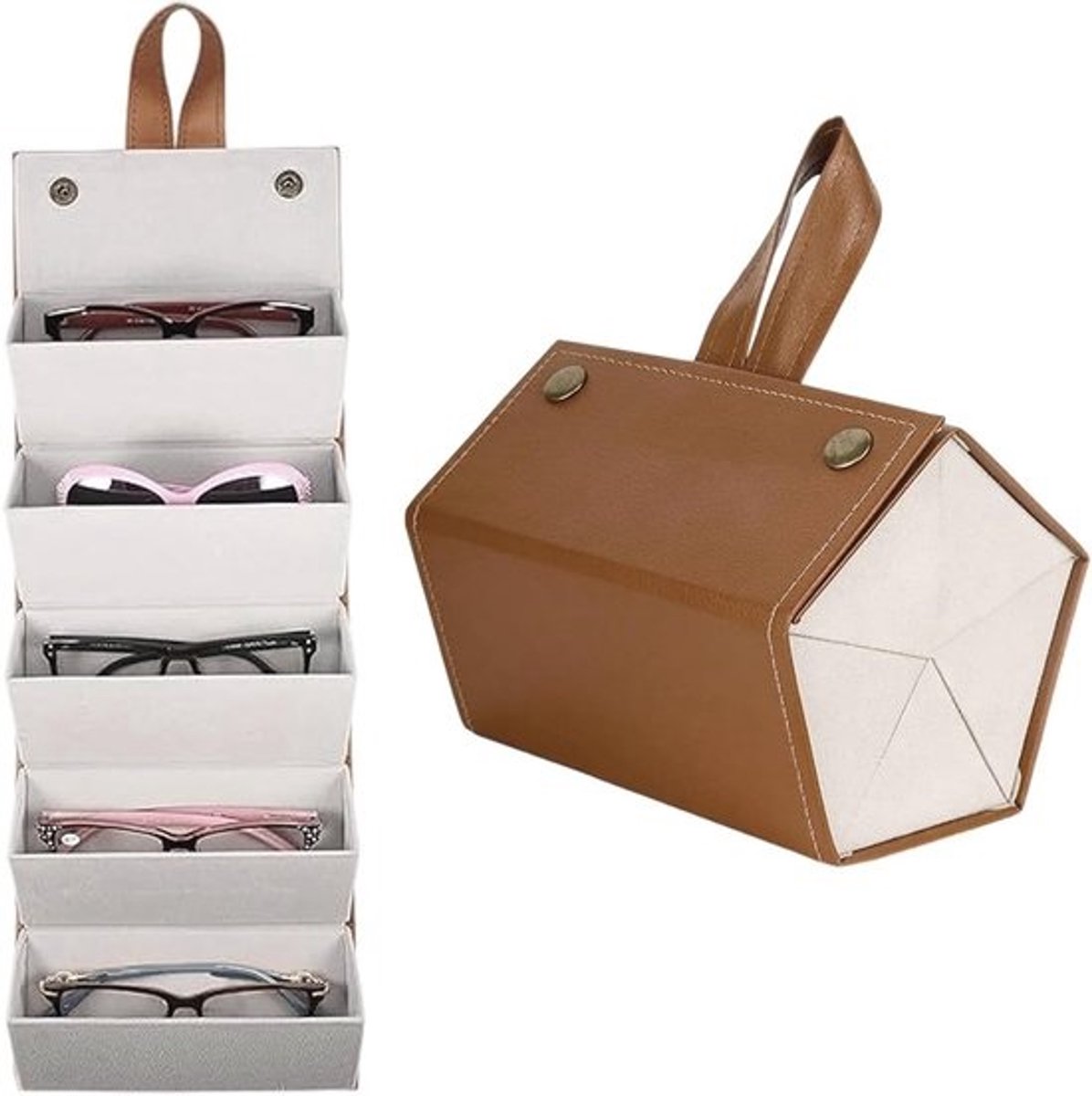 Vouwbare Leren Brilhoes met 5 Compartimenten, Khaki, Ideaal voor Brillen en Kleine Sieradenopslag