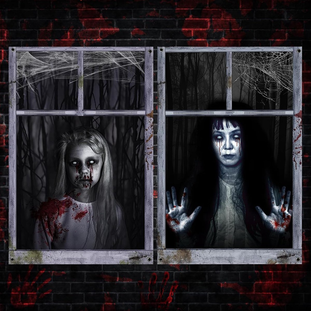 raamdecoratie, 2 stuks, griezelig, Halloween-decoratie, binnen, buiten, tuin, griezelig, 120 x 80 cm, horrordecoratie, vrouwelijke geest voor decoraties, Halloweenfeest