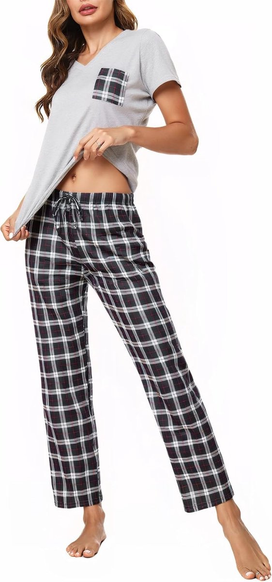 Pyjama voor dames, zomer, katoen, pyjamaset voor dames, V-hals, 2-delig, zachte nachtkleding, T-shirt met korte mouwen en geruite broek, S-XXL